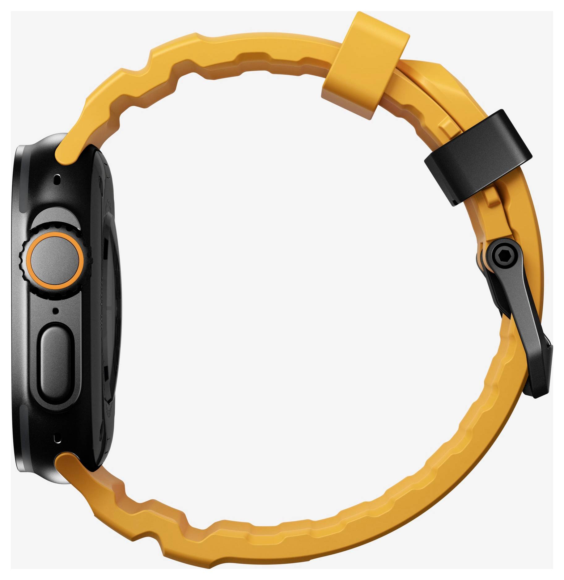Orange robuste Smartwatch in Seitenansicht, mit schwarzem Gehäuse, runder seitlicher Krone und orangenem Armband auf einfachem weißem Hintergrund.