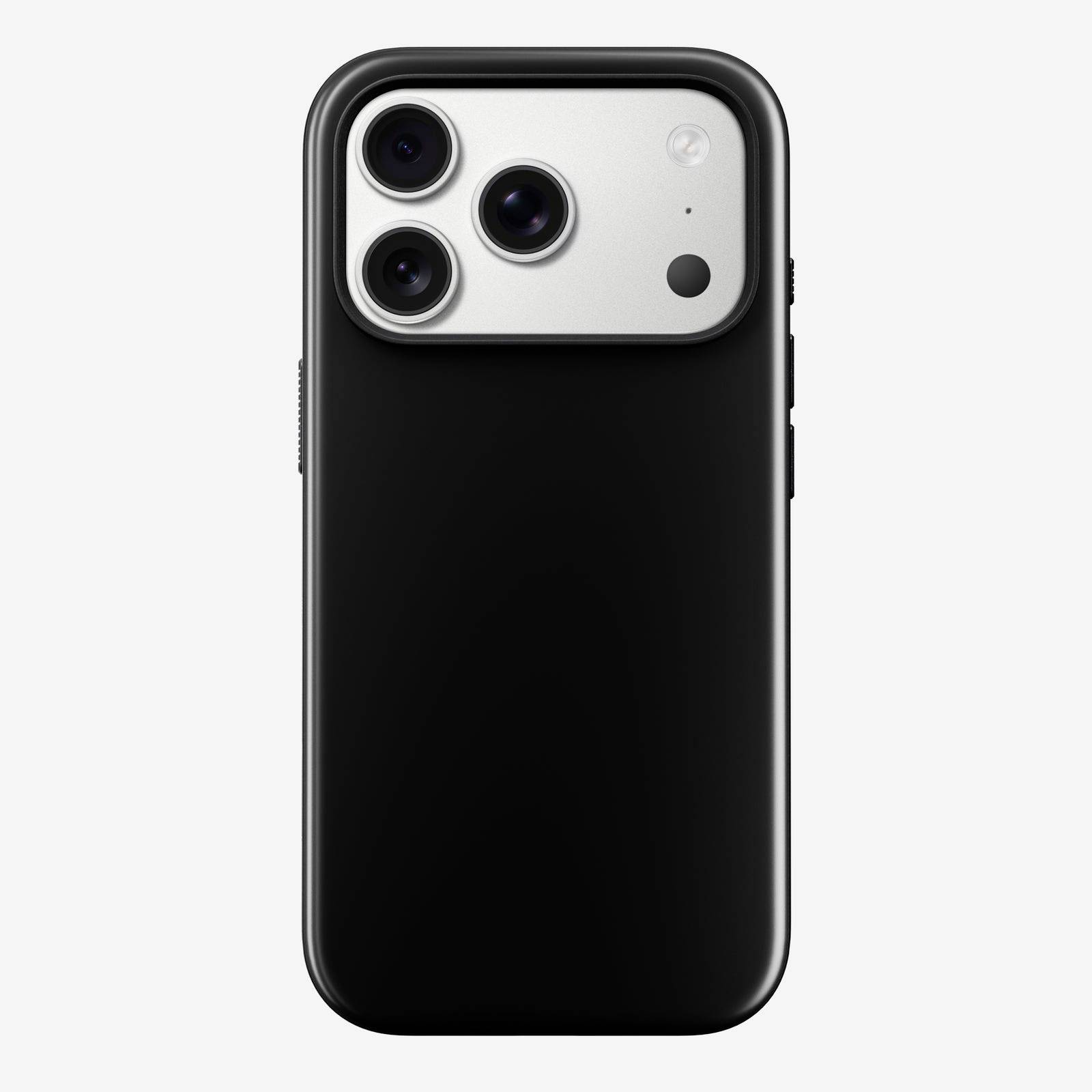 Rückansicht eines schwarzen Smartphone-Gehäuses mit erhöhtem Kameraausschnitt für drei Objektive und einen Blitz, dargestellt vor einem schlichten hellen Hintergrund.