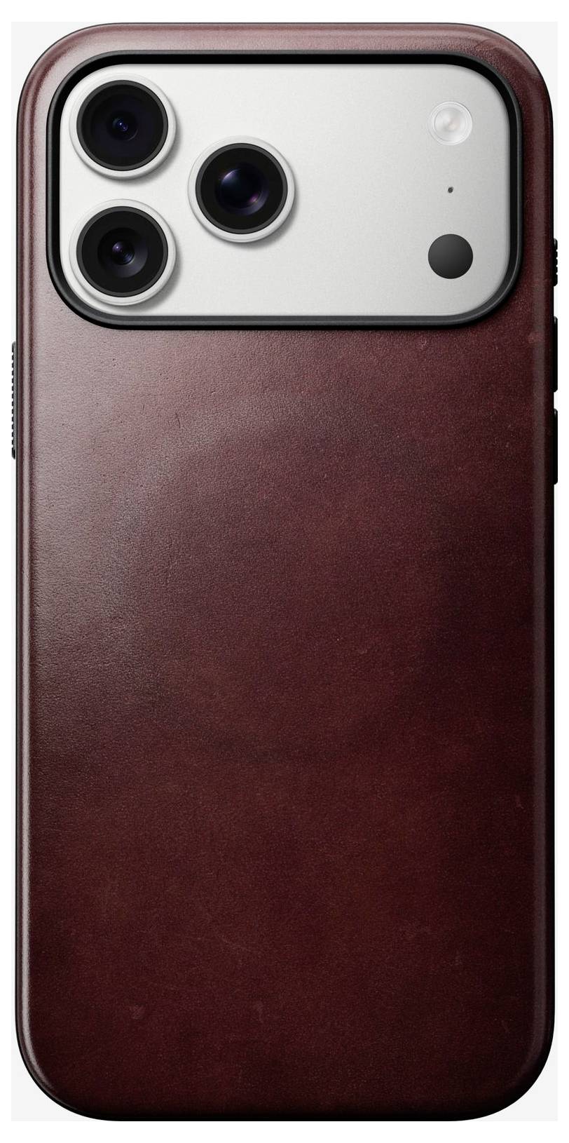 Ein Burgunderfarbenes Lederetui für ein Smartphone mit einer Aussparung für die dreifache Rückfahrtkamera und der Blitzöffnung.