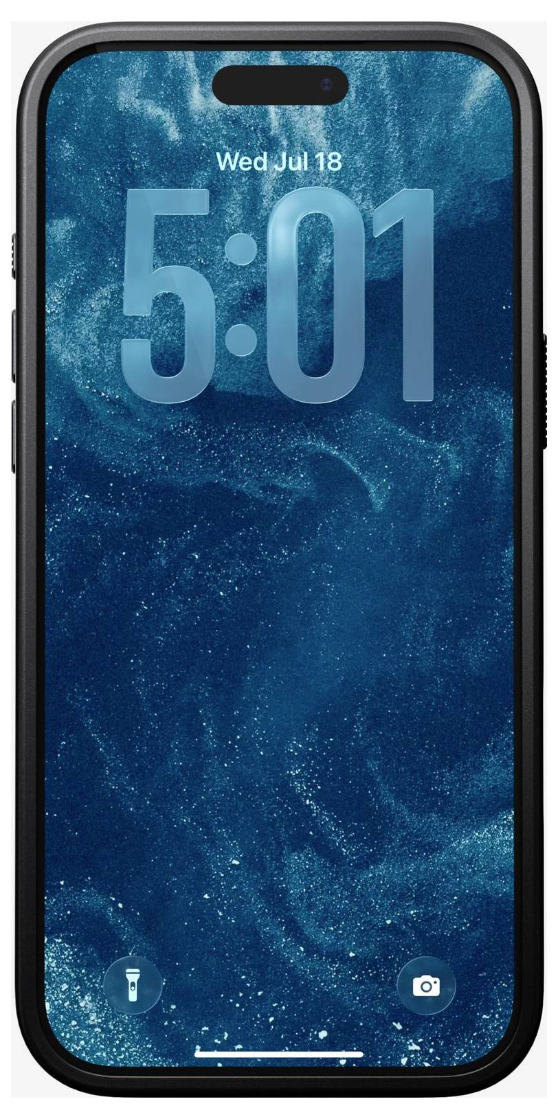 Ein iPhone-Sperrbildschirm mit der Uhrzeit 5:01 und dem Datum Mi 18. Juli auf einem blauen abstrakten Hintergrundbild, mit Taschenlampen- und Kamerasymbolen am unteren Rand.
