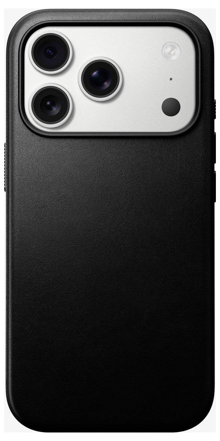 Schwarze Smartphone-Hülle mit großem Ausschnitt auf der Rückseite, die eine Triple-Kamera mit drei Linsen und Blitz auf der silbernen Phonetrückseite zeigt.