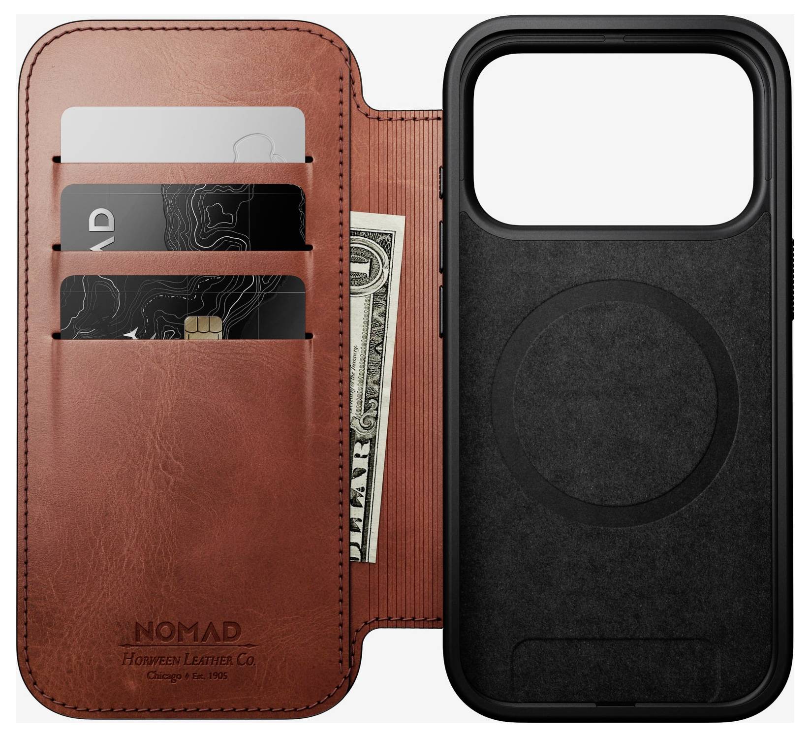 Leder-Geldbörsen-Handyhülle mit Kartensteckplätzen und Geldtasche, aufgeklappt neben einer schwarzen Handyhülle-Rückseite gezeigt.