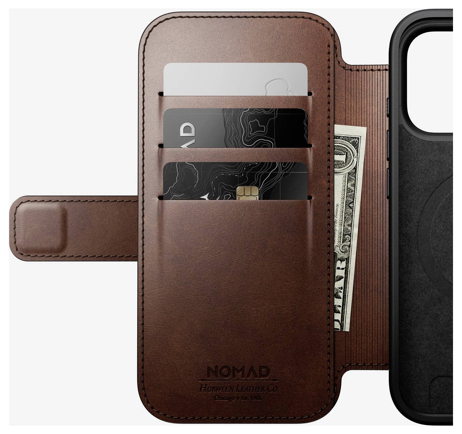 Braune Ledertelefon-Geldbörse mit Kartenfächern und einer Geldtasche, aufgeklappt gezeigt mit sichtbaren Karten und einem Dollarschein.