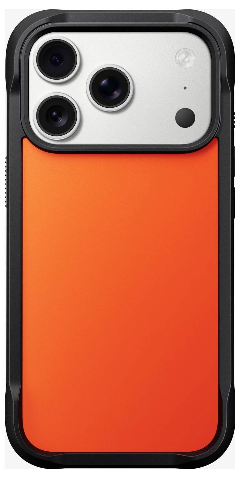 Orangefarbene Smartphone-Hülle mit großem Kameraausschnitt für eine Triple-Lens-Rückkamera und Blitz.