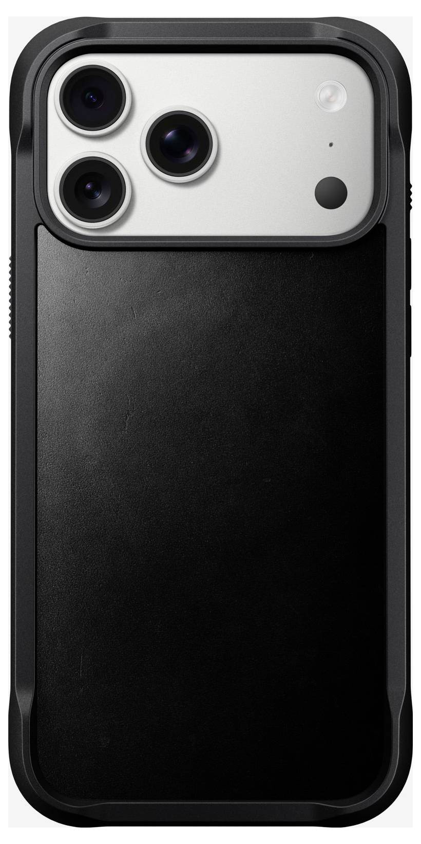 Schwarze Handyhülle mit erhöhter Kameraaussparung für ein Smartphone mit Dreifach-Linsen-Kamera, von hinten auf neutralem Hintergrund dargestellt.