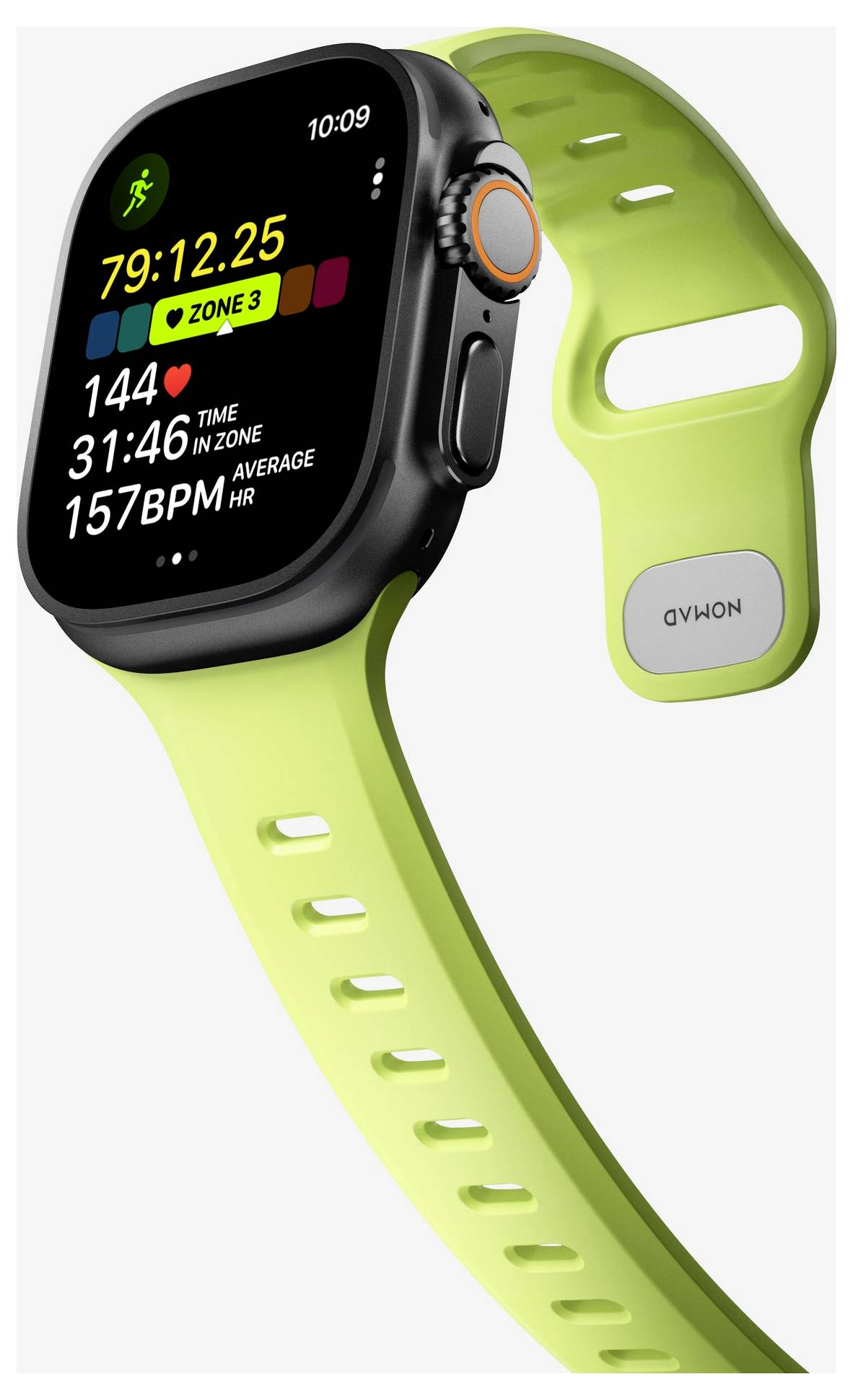 Schwarze Smartwatch mit neongrünem Sportband, das Fitnessdaten und einen Trainings-Timer auf dem Display zeigt.