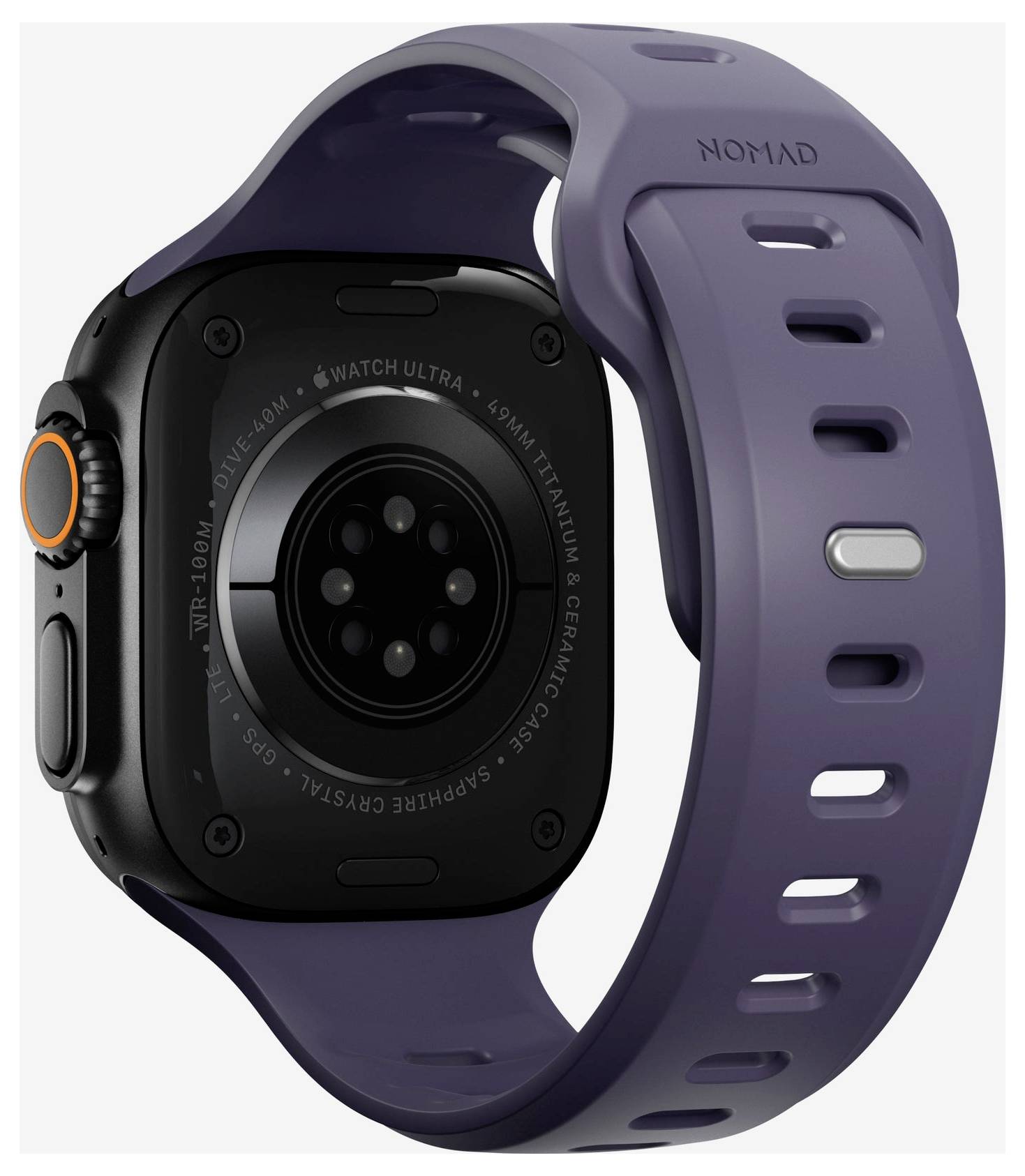 Black Apple Watch Ultra mit einem violetten Nomad Sport-Armband, von hinten und von der Seite gezeigt, wobei die Sensoren und die Krone der Uhr hervorgehoben werden.