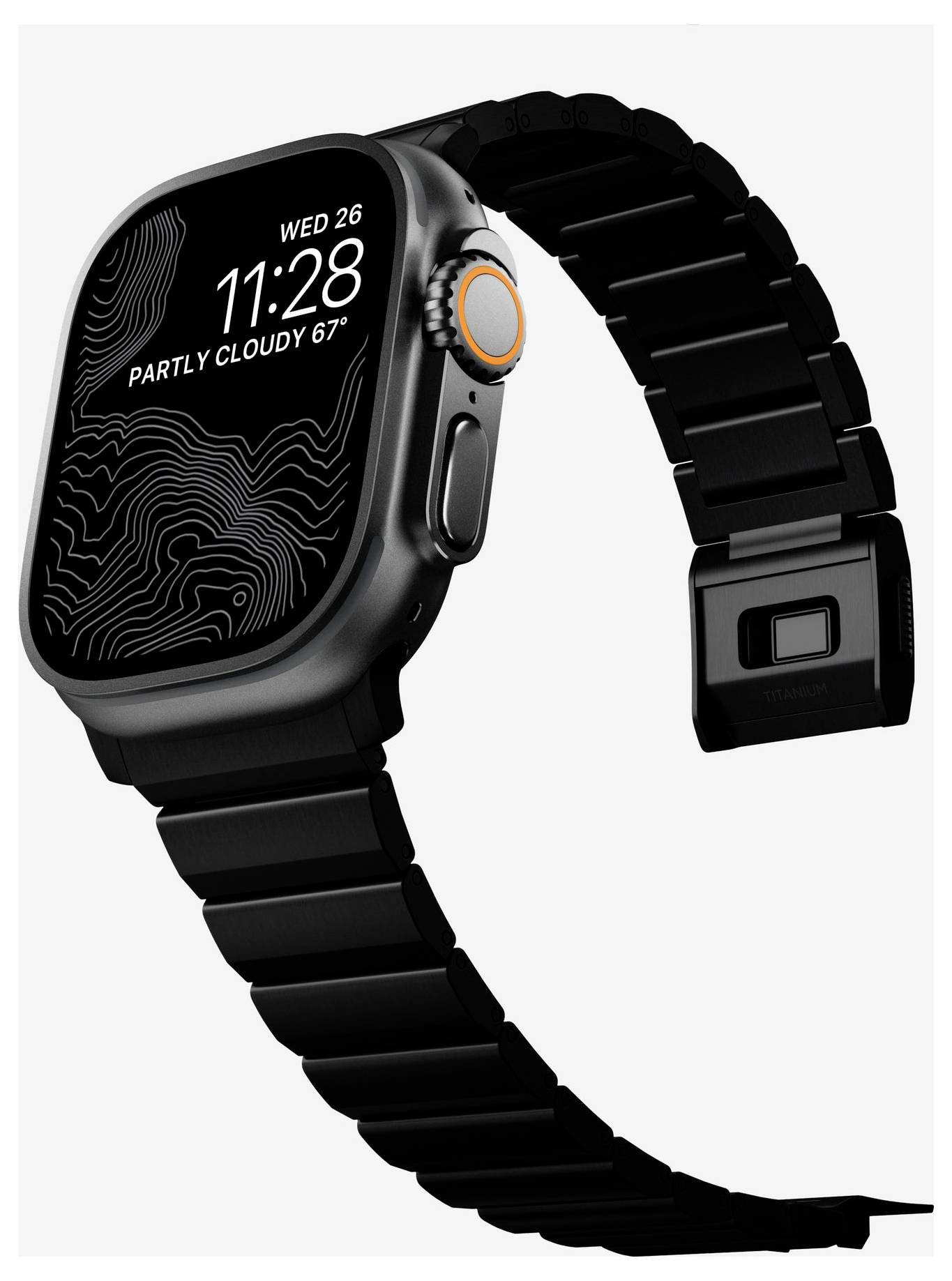 Schwarze Smartwatch mit geschwungenem schwarzem Armband, in schräger Ansicht gezeigt. Das Display zeigt "WED 26 11:28" und "PARTLY CLOUDY 67°".