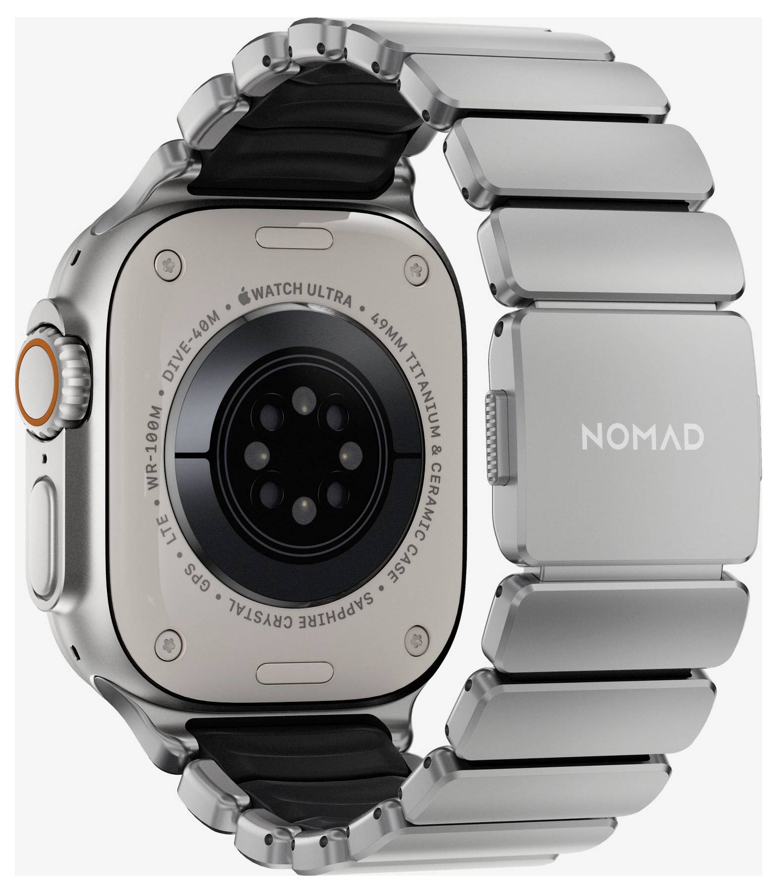 Rückansicht einer Apple Watch Ultra mit silbernem Nomad-Metallarmband und schwarzen Einsätzen.