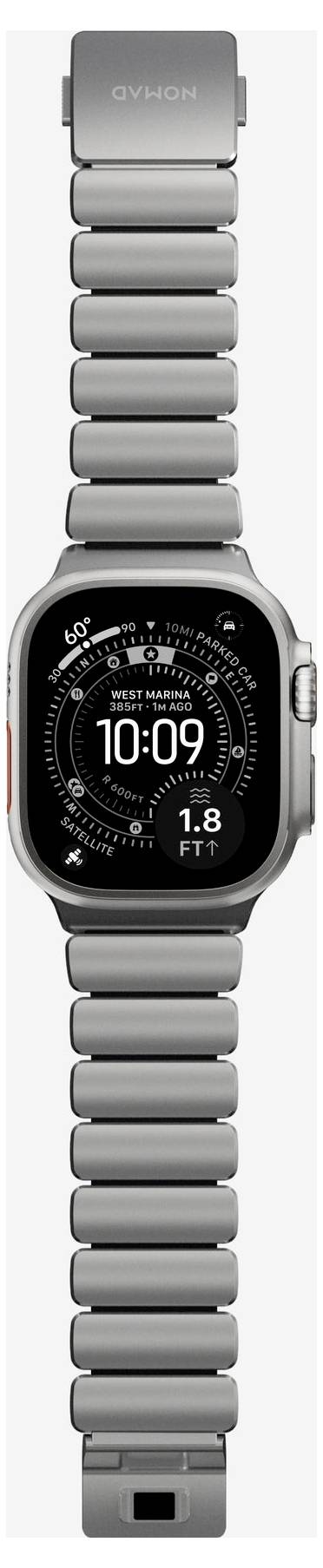 Silberne Apple Watch mit grauem Gliedarmband, Vorderansicht mit digitalem Zifferblatt, das 10:09 und Fitness-Metriken anzeigt.