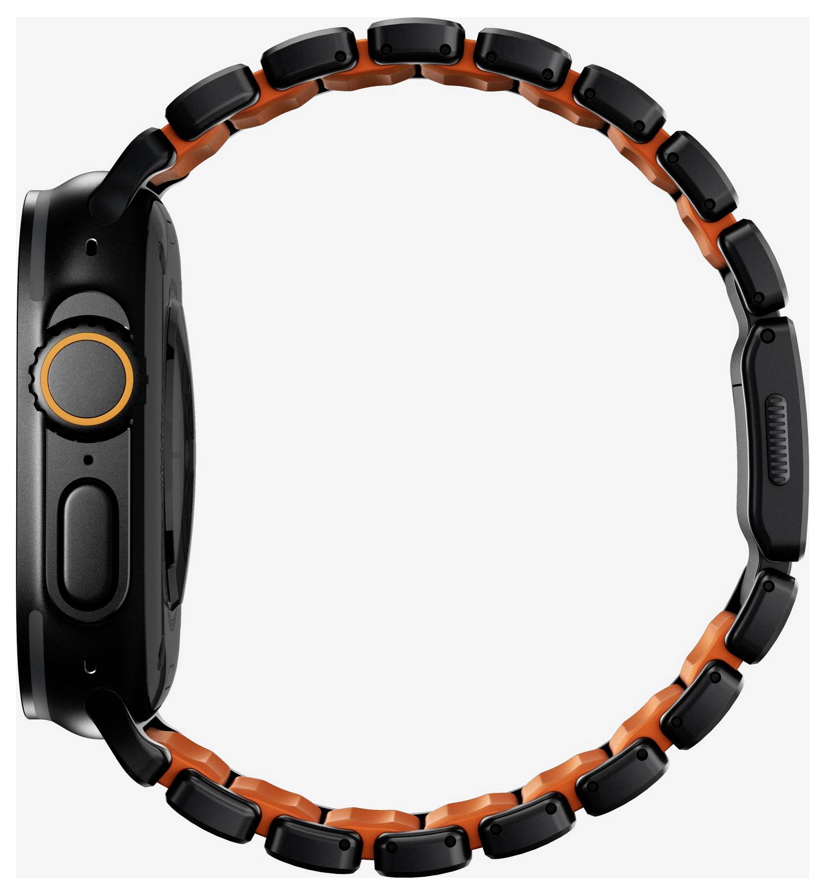 Schwarzer und orangefarbener tragbarer Fitness-Tracker in Profilansicht, mit rundem rechteckigem Gehäuse und verbundenem Armband vor weißem Hintergrund.