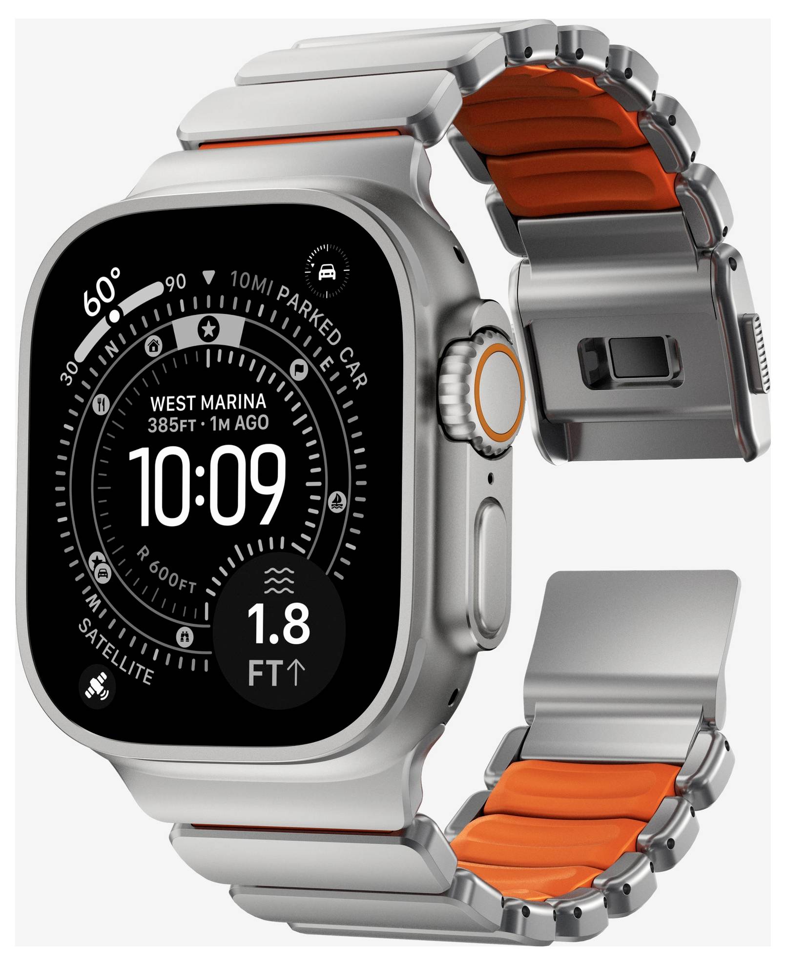 Silberne Smartwatch mit modularem Metallband und orangefarbenen Akzenten, von vorne, von der Seite und von hinten gezeigt, um das Design und das Display hervorzuheben.