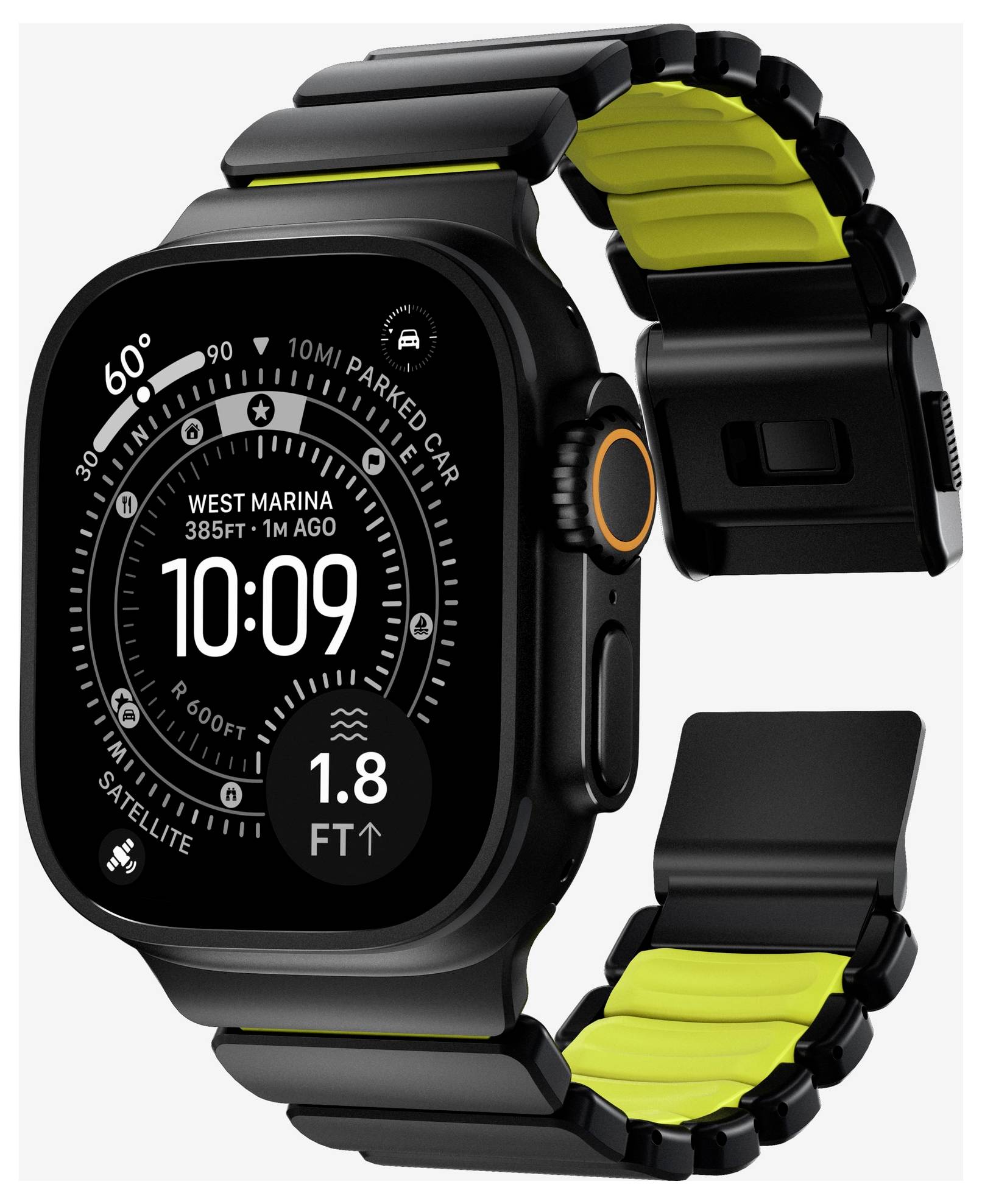 Schwarze Smartwatch mit schwarzem und neongelben Band, zeigt ein navigationsgestaltetes Zifferblatt mit der Zeit 10:09 und Standortdetails an.