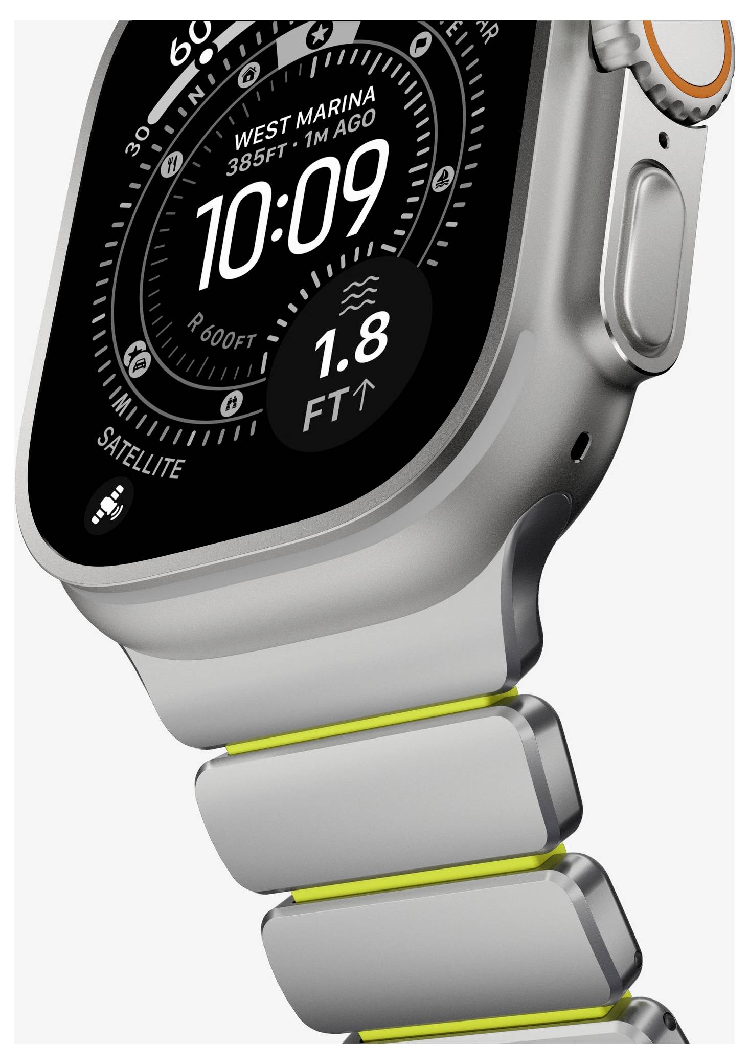 Nahaufnahme einer silbernen Apple Watch Ultra mit dem Zifferblatt "West Marina", die die Uhrzeit 10:09 und einen Gezeitenindikator von 1,8 ft auf einem grauen Armband anzeigt.