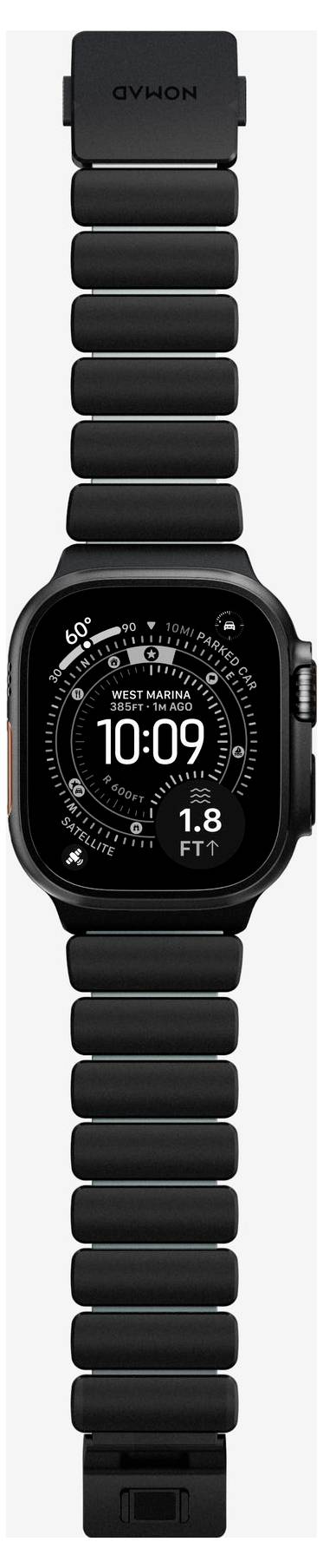 Schwarze Apple Watch mit schwarzem Gliederarmband, zeigt ein digitales Zifferblatt mit 10:09 und Aktivitätsdaten.