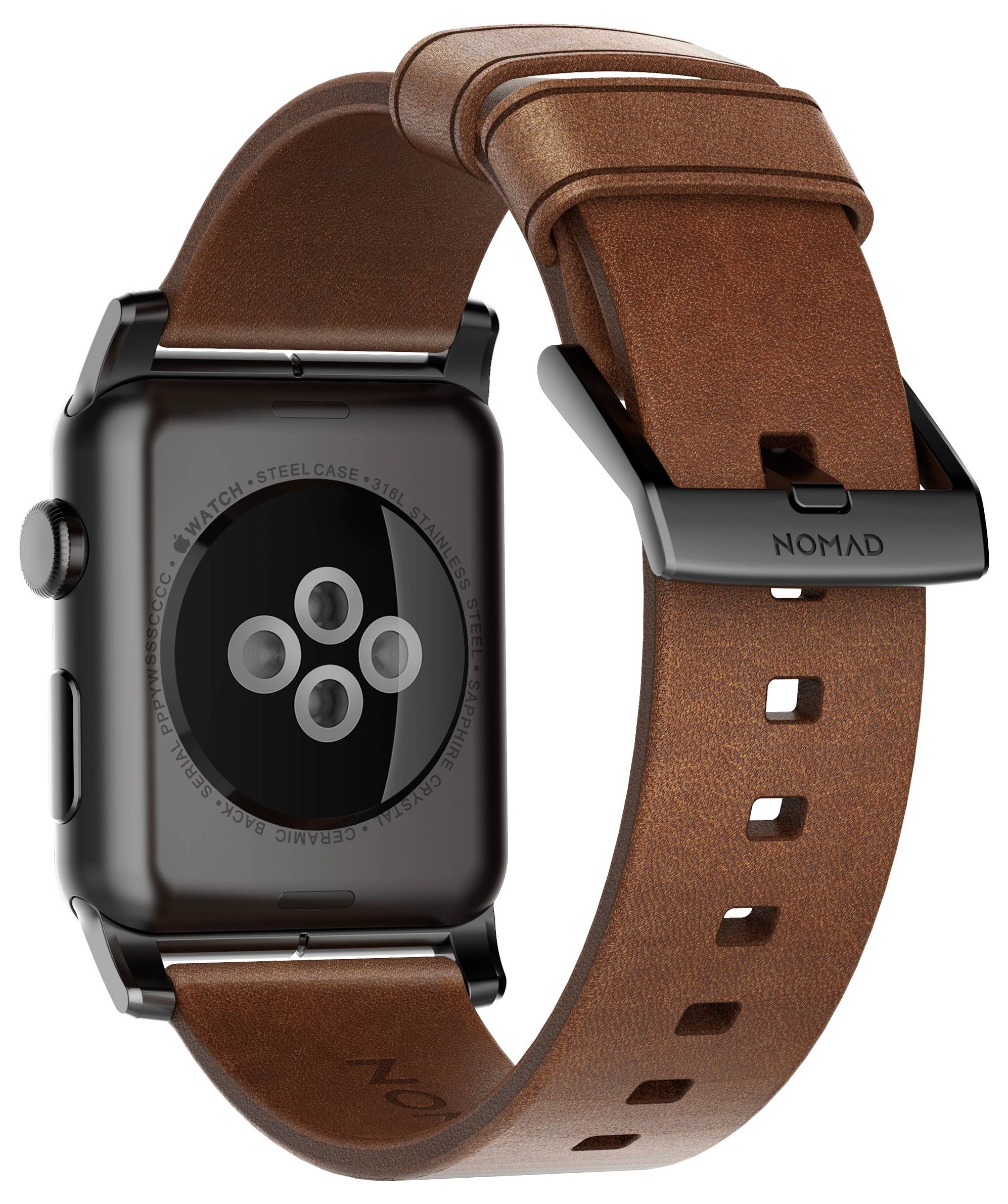 Apple Watch mit schwarzem Gehäuse und braunem Leder-Nomad-Armband von hinten gezeigt, wobei die magnetische Schnalle und die Bandschlitze hervorgehoben werden.