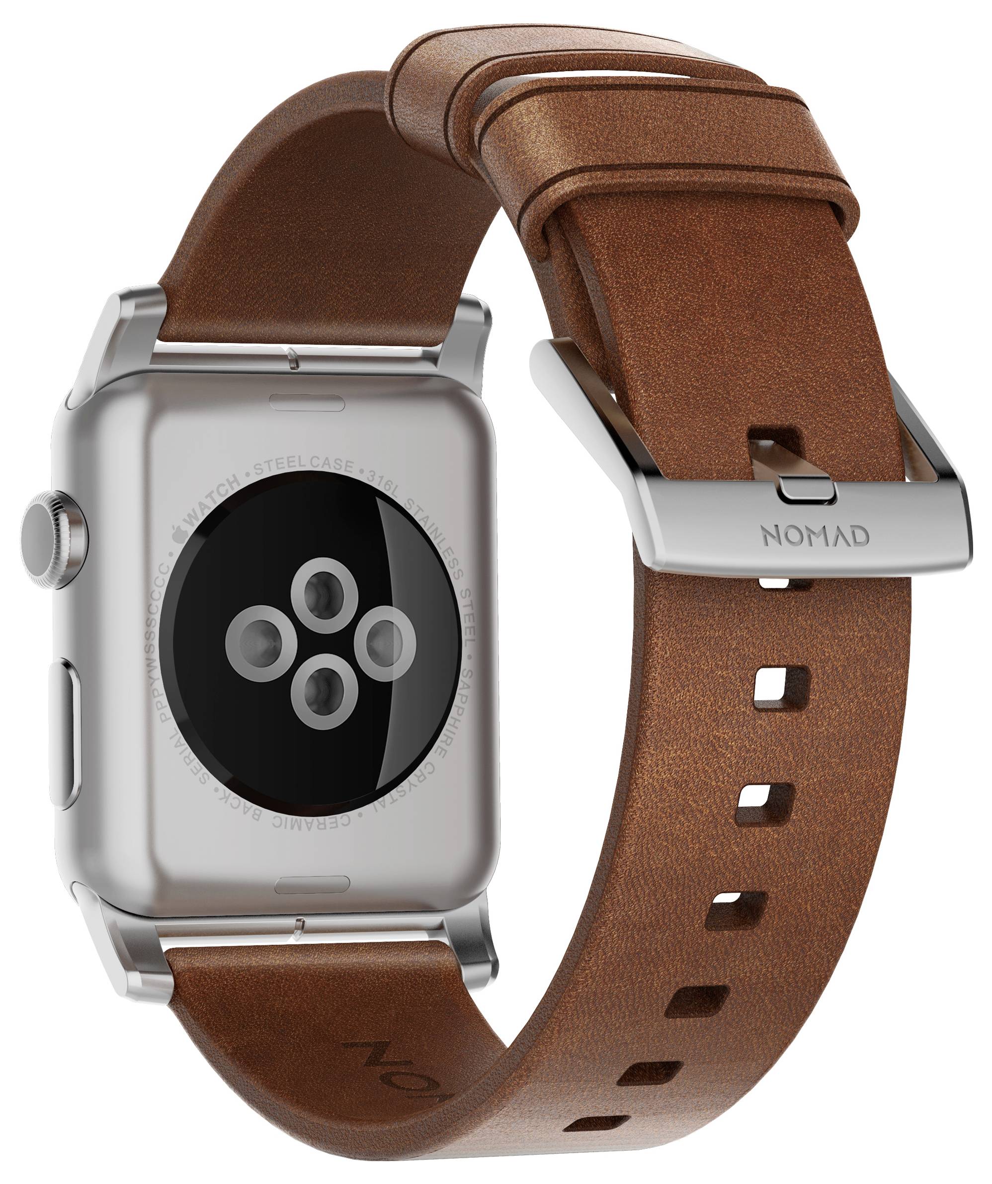 Apple Watch mit braunem Lederarmband von Nomad, von hinten und von der Seite auf weißem Hintergrund gezeigt.