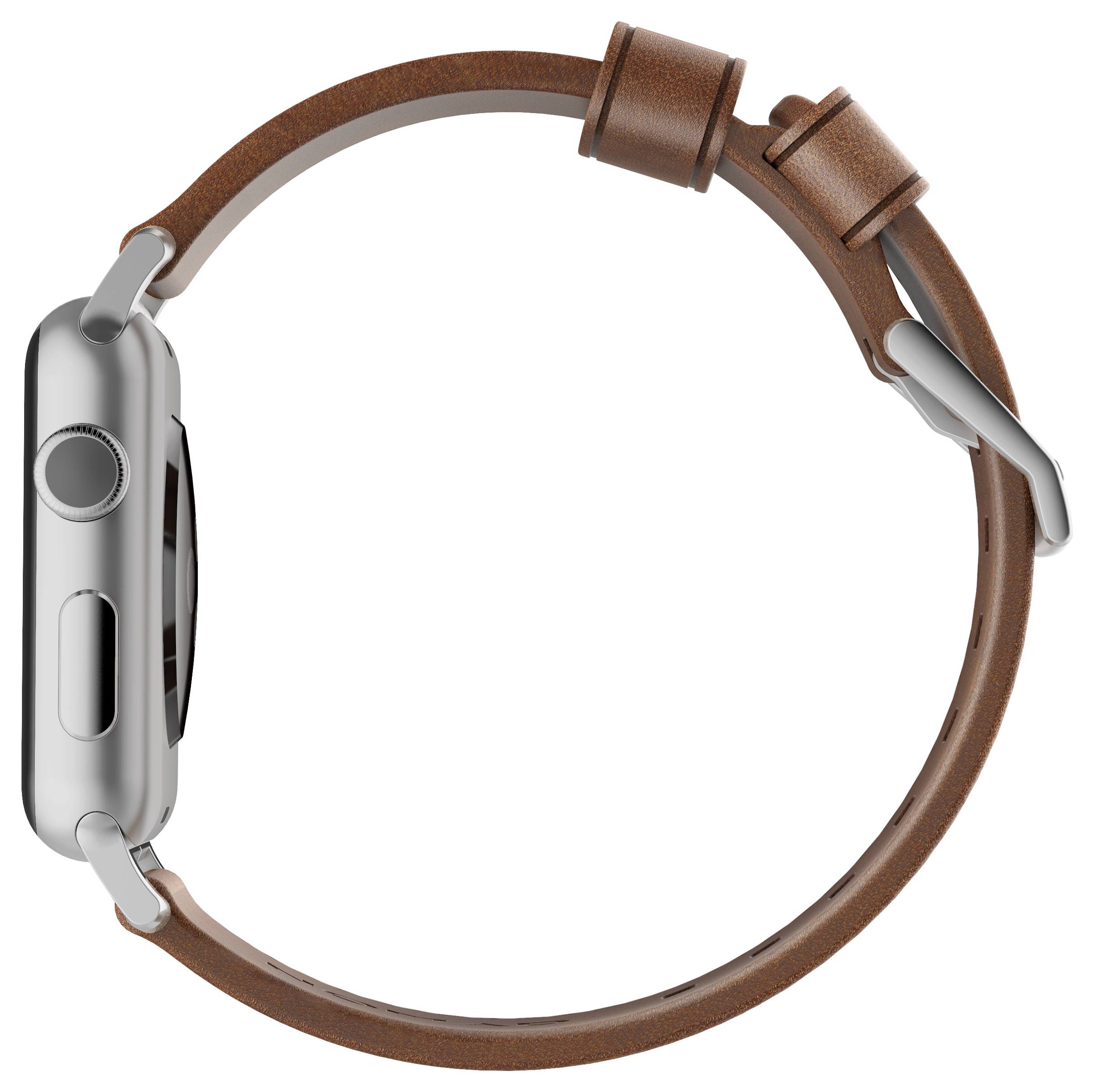 Seitenansicht einer silbernen Smartwatch mit braunem Lederarmband, geschlossen auf weißem Hintergrund dargestellt.