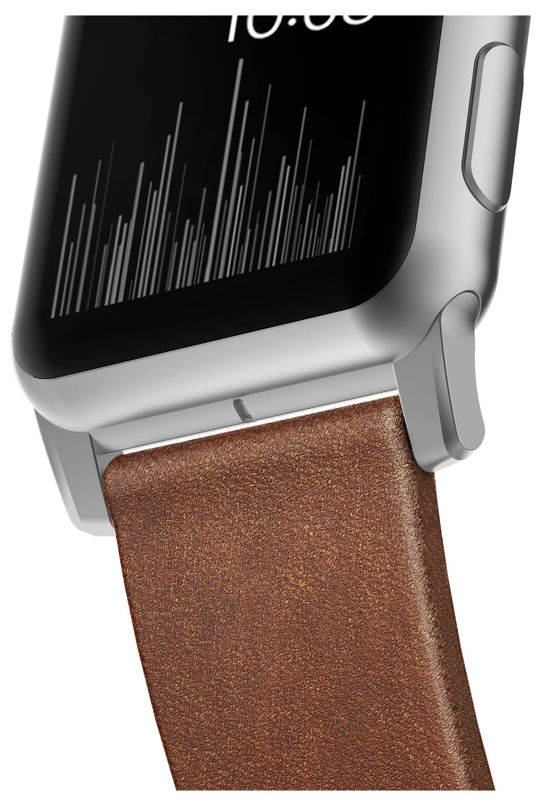 Nahaufnahme einer Smartwatch mit schwarzem Zifferblatt und braunem Lederarmband, von schräg oben fotografiert.