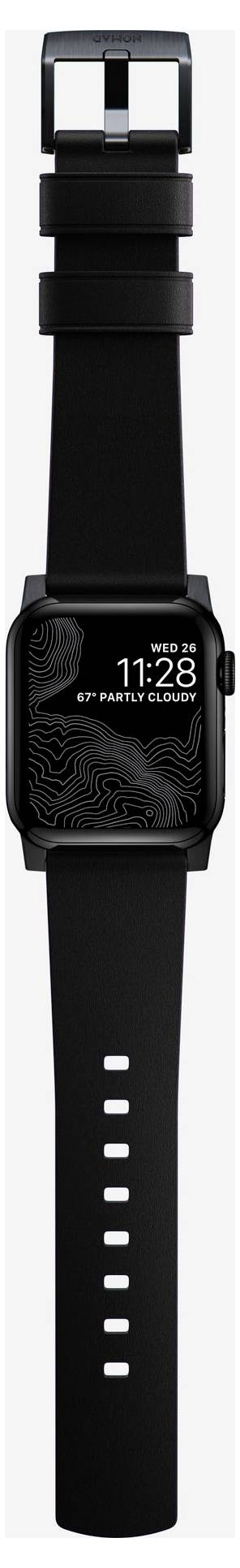 Schwarze Smartwatch mit rechteckigem Display und schwarzem Armband, zeigt 11:28 Uhr und Wetterinformationen auf dem Display an.