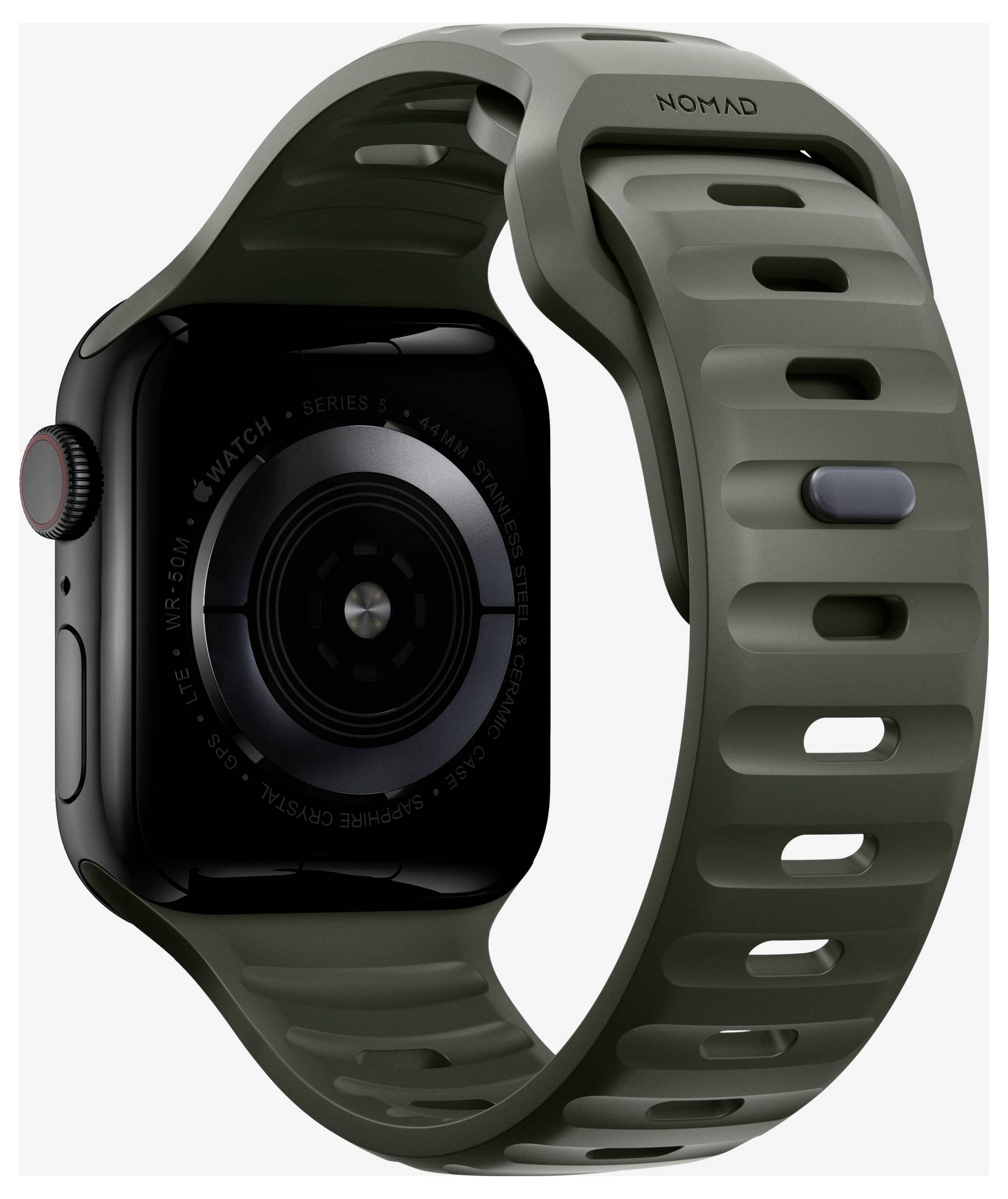Apple Watch mit einem dunkelgrünen Nomad Sport Band, in Profilansicht vor hellem Hintergrund dargestellt.