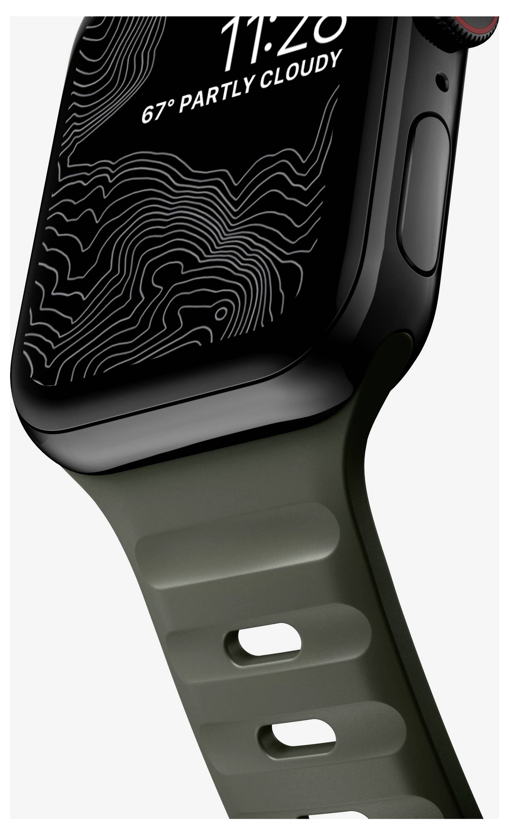 Nahaufnahme einer schwarzen Smartwatch, die 11:20, 67° und „TEILWEISE BEWÖLKT" anzeigt, mit dunklem olivefarbenem Sportarmband.