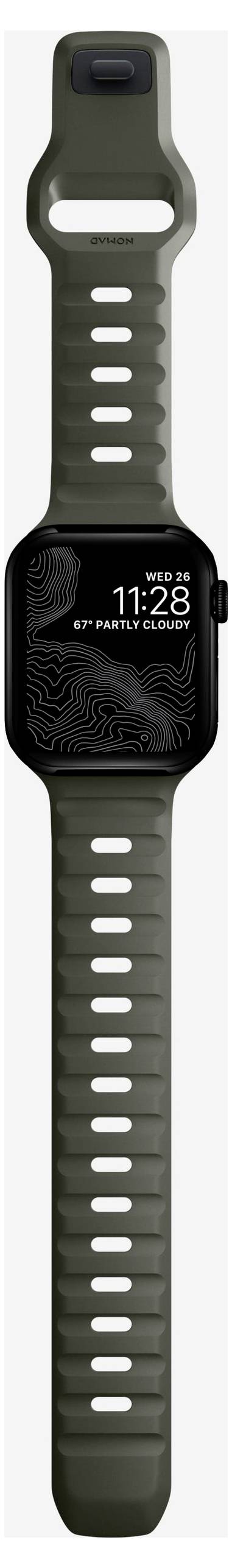Dunkelgrüne Apple Watch mit schwarzem digitalen Zifferblatt, das 11:28 und ein Datum anzeigt, dargestellt auf einem passenden Sportband.