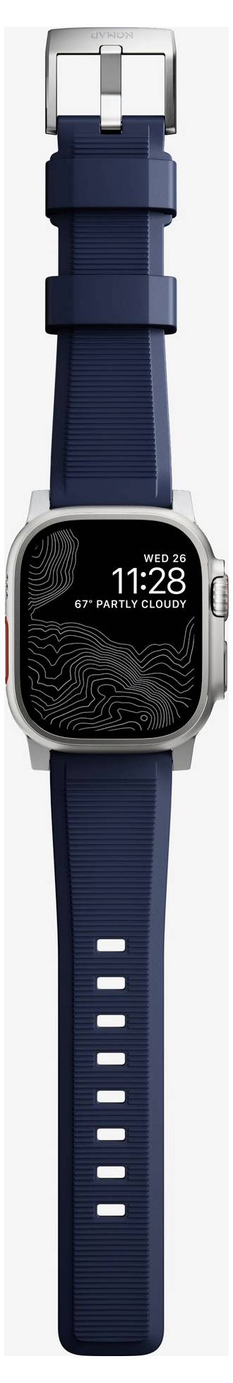 Eine dunkelblau digitale Armbanduhr mit quadratischem Zifferblatt, das 11:28 und Mittwoch 26 anzeigt und ein dunkel gemustertes Display aufweist.