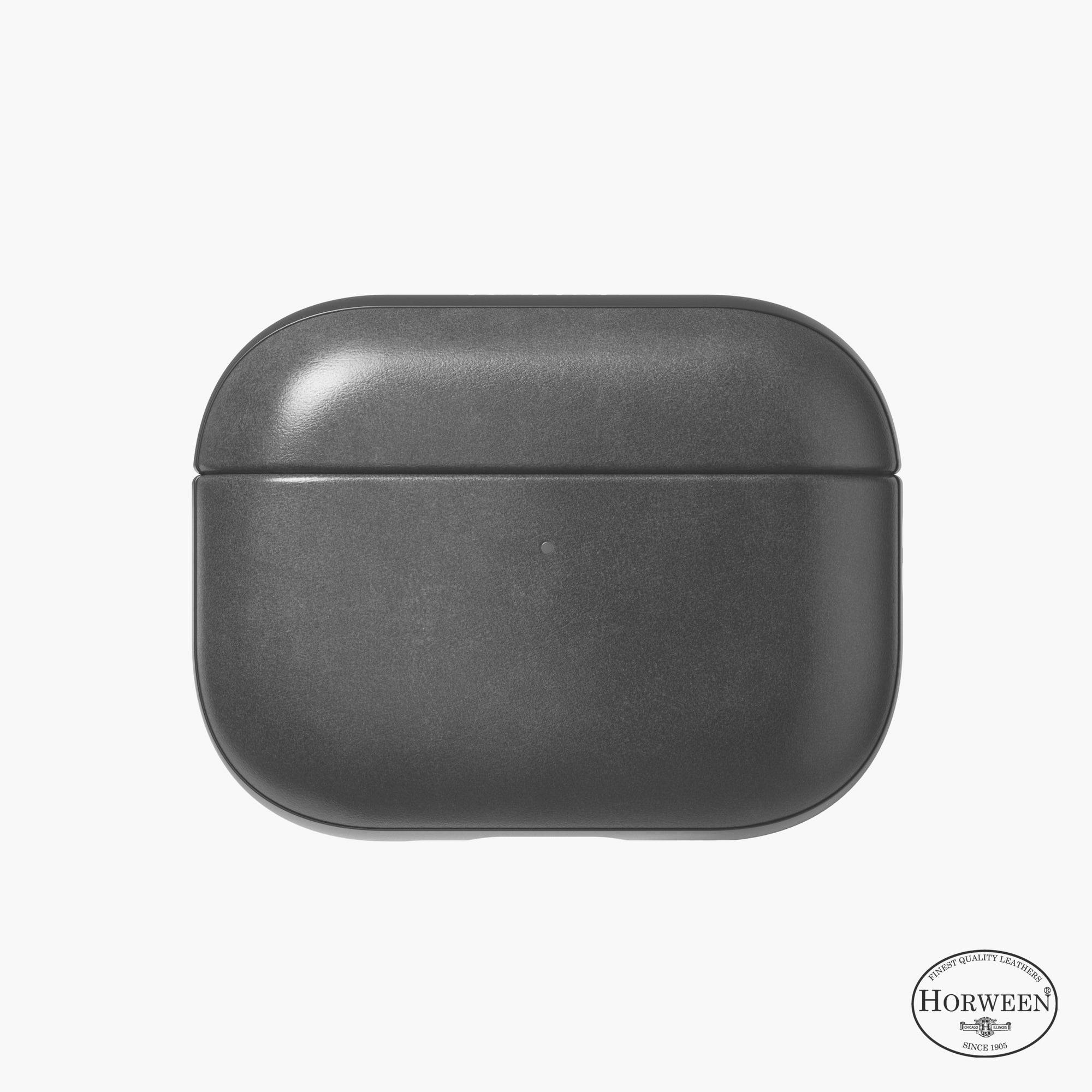 Dunkelgraues kabelloses Earbud-Ladeetui mit Klappdeckel, Vorderansicht auf weißem Hintergrund, mit kleinem Horween-Logo unten rechts.