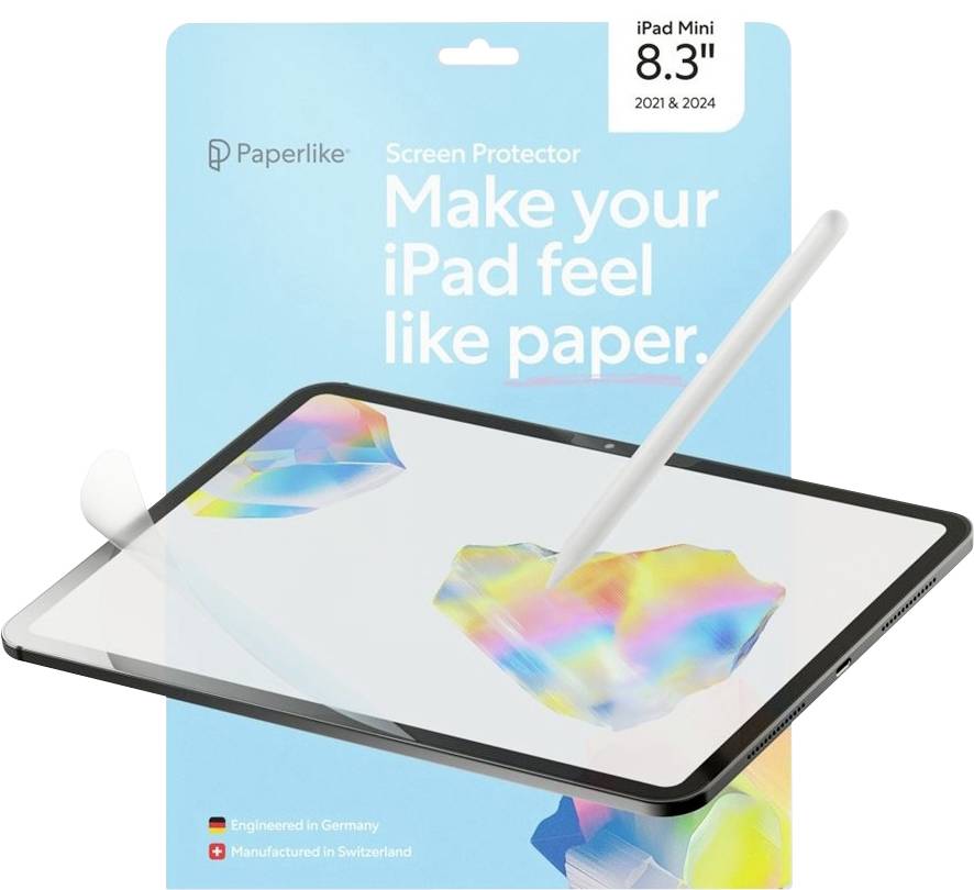 Verpackung für Paperlike iPad Mini 8,3-Zoll-Displayschutzfolie, zeigt ein iPad mit Apple Pencil und dem Slogan „Machen Sie Ihr iPad zu Papier."