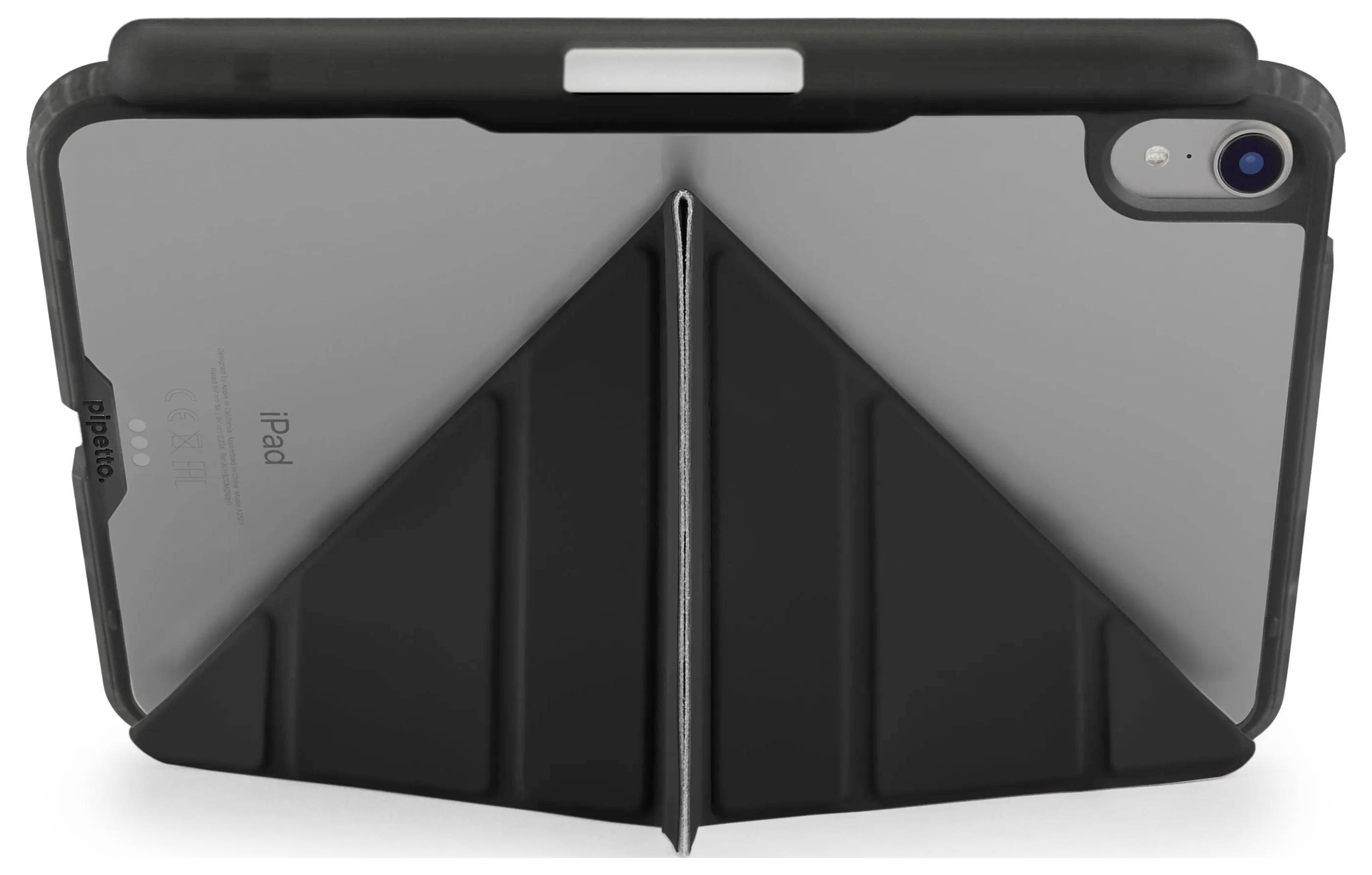Rückansicht eines iPads in einem robusten schwarzen Gehäuse mit integriertem ausklappbarem Ständer und Kameraausschnitt.
