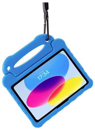 Blauer kindersicherer Tablet-Schutzcase mit Riemen, der ein Tablet mit bunten abstrakten Formen und der Uhrzeit 17:34 hält.