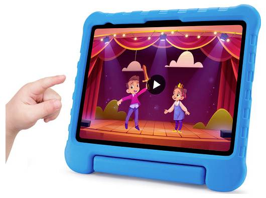Ein Kind zeigt auf ein blaues Tablet, das eine unterbrochene Cartoon-Bühnenaufführung mit zwei animierten Kindern und einer Wiedergabetaste anzeigt.