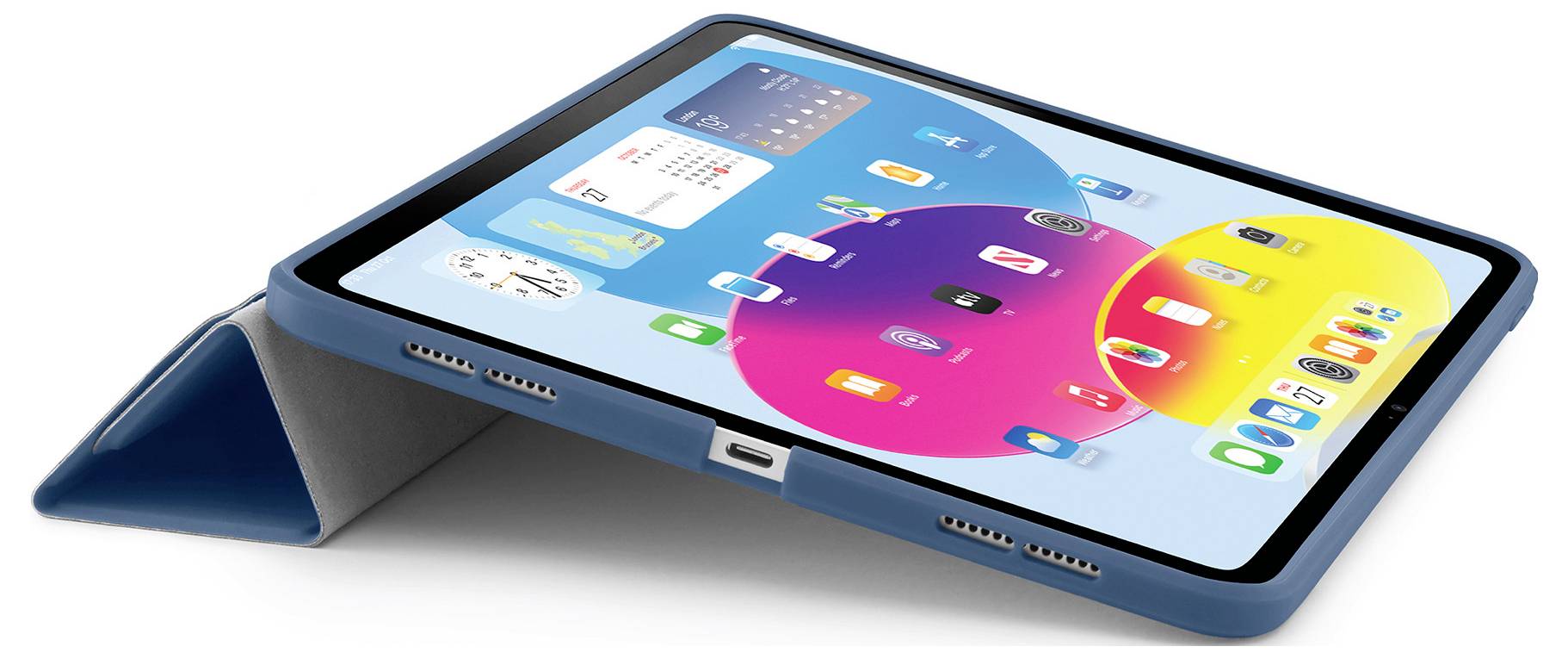 Ein Tablet in einer blauen Klappschutzhülle wird auf weißem Hintergrund gezeigt und zeigt einen farbenfrohen Startbildschirm mit App-Symbolen und Widgets.