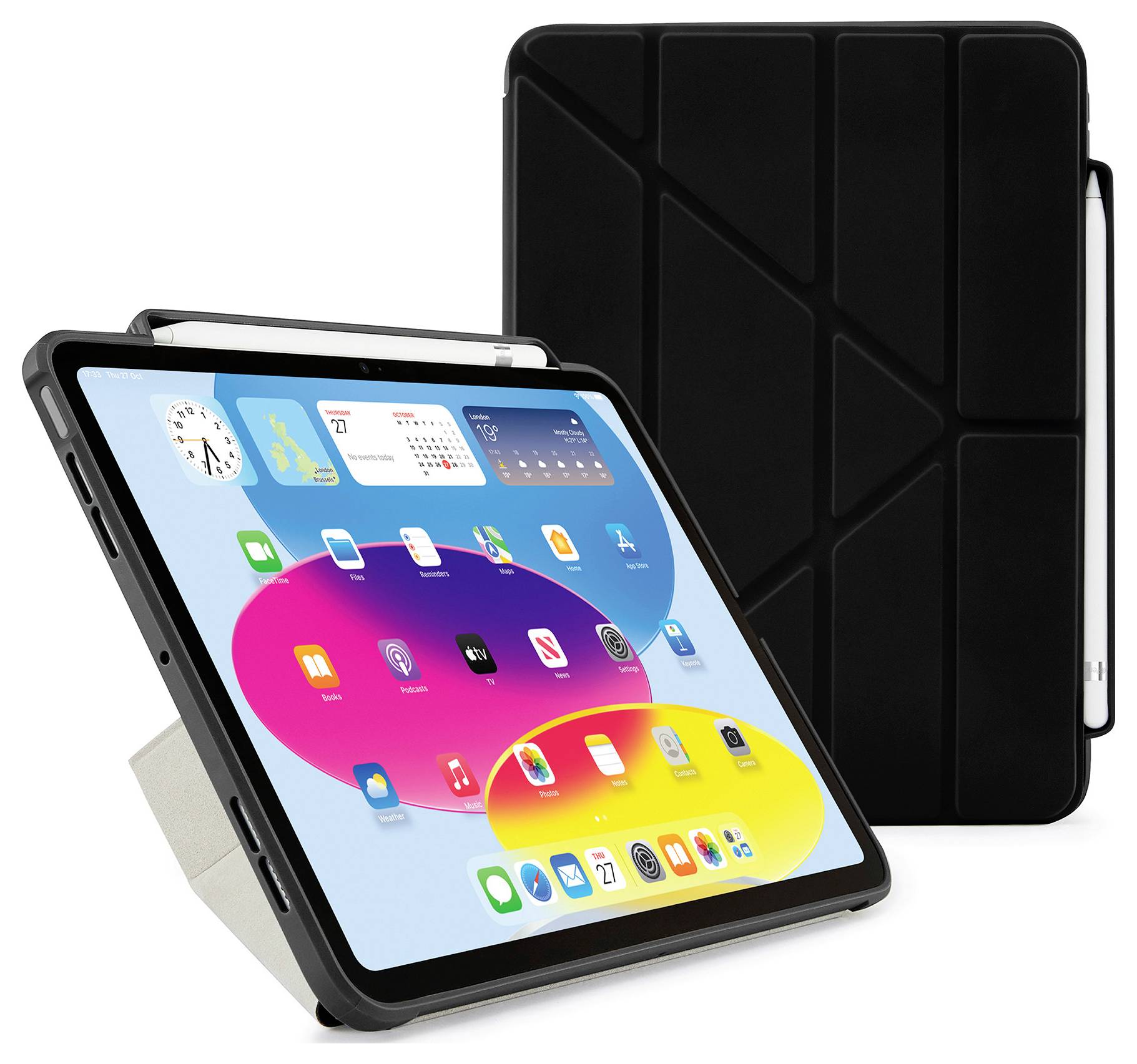 Tablet in einem schwarzen Schutzgehäuse mit Vorderdeckel, geöffnet auf dem Startbildschirm dargestellt und neben dem geschlossenen Gehäuse mit Stylus.