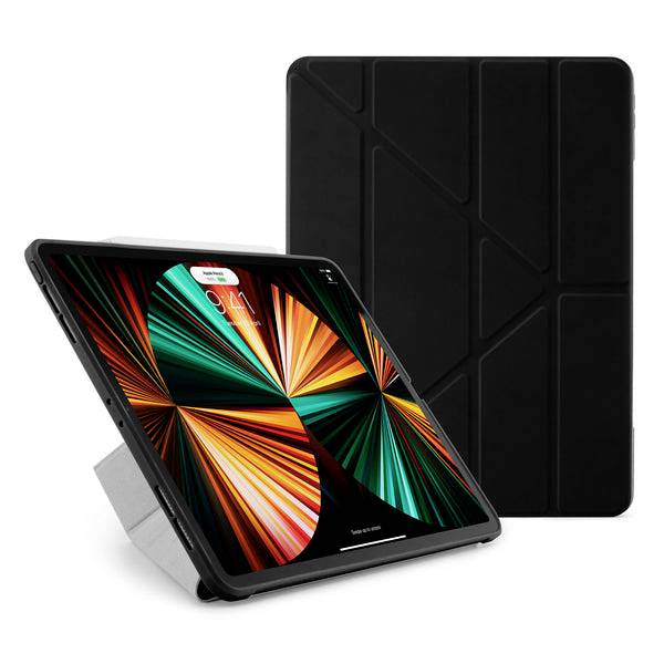 Schwarzes Tablet in einem Folio-Standetui, vorne und hinten gezeigt, mit einem farbenfrohen abstrakten Bildschirm vorne und einer schlichten schwarzen Schutzhülle dahinter.