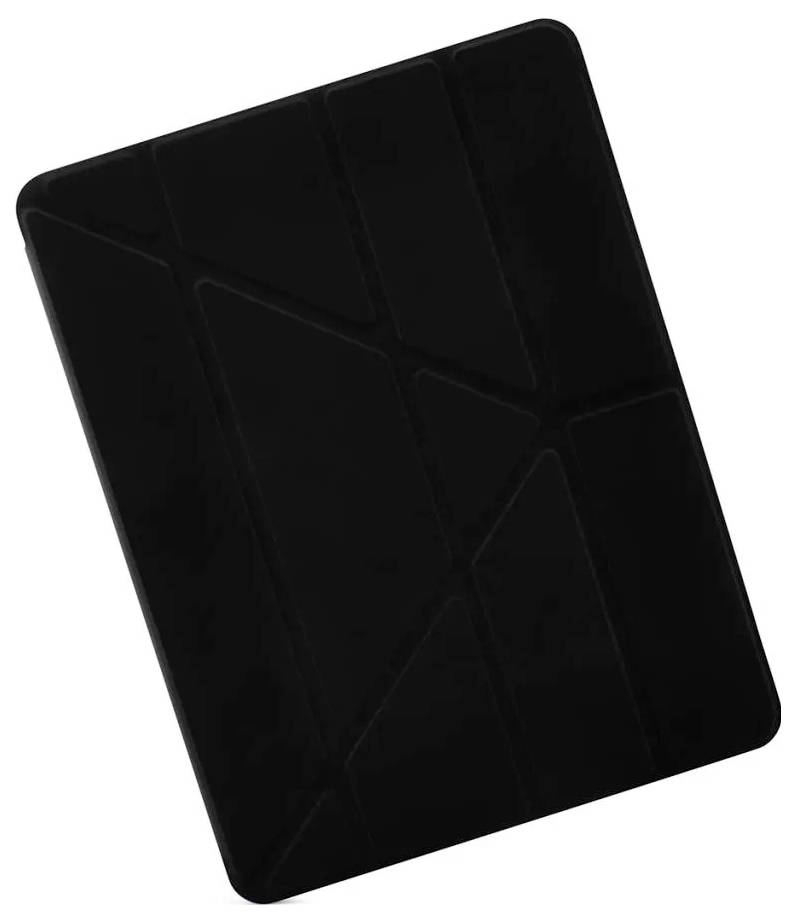 Ein schwarzer Tablet-Folio-Etui, geschlossen im Schrägwinkel gezeigt, mit subtilen geometrischen Paneelen auf der Vorderseite.