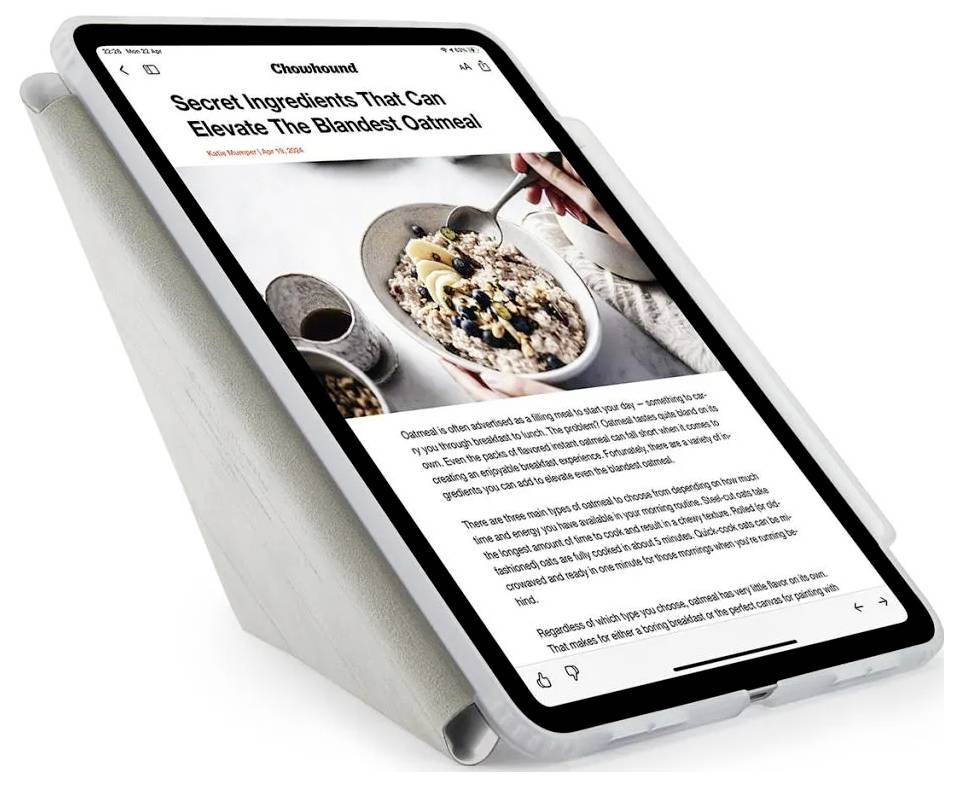 Tablet zeigt einen Goodfood-Artikel mit dem Titel „Geheime Zutaten, die das langweiligste Haferflockenmehl aufwerten können" mit einem Foto einer Schüssel Haferflocken.