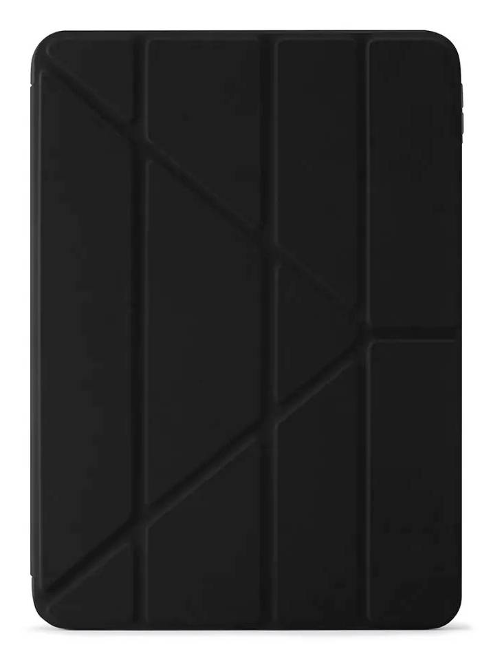 Schwarze Tabletthülle mit Falzlinien, geschlossen vor weißem Hintergrund dargestellt.