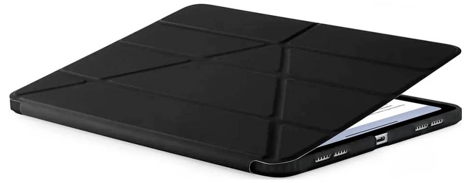 Schwarze Laptop-Schutzhülle mit geometrischem Faltmuster, teilweise geöffnet, um ein Tablet oder einen Laptop im Inneren zu zeigen.