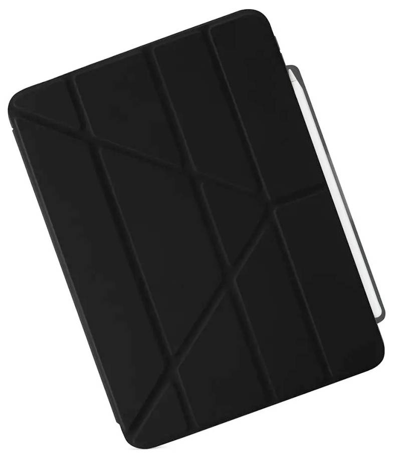 Schwarze Tablet-Schutzhülle mit origami-ähnlich gefalteter Vorderseite und sichtbarem Seitenkante, geschlossen auf weißem Hintergrund dargestellt