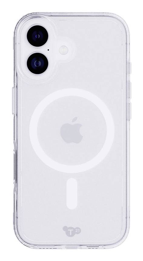 Durchsichtige iPhone-Schutzhülle von hinten gezeigt, mit dualen Kameraausschnitten und einem zentrierten MagSafe-Kreis auf dem Apple-Logo.