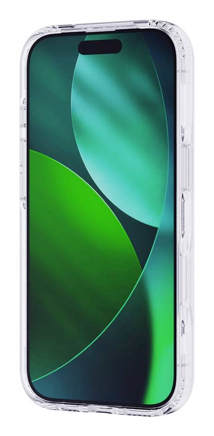 Transparente Schutzhülle auf einem Smartphone, die den grünen abstrakten Bildschirm durch die klare Abdeckung zeigt.