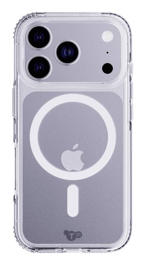 Durchsichtige Handyhülle mit MagSafe-Ring und Ständer-Symbol, gezeigt auf der Rückseite eines iPhones mit Triple-Kamera.