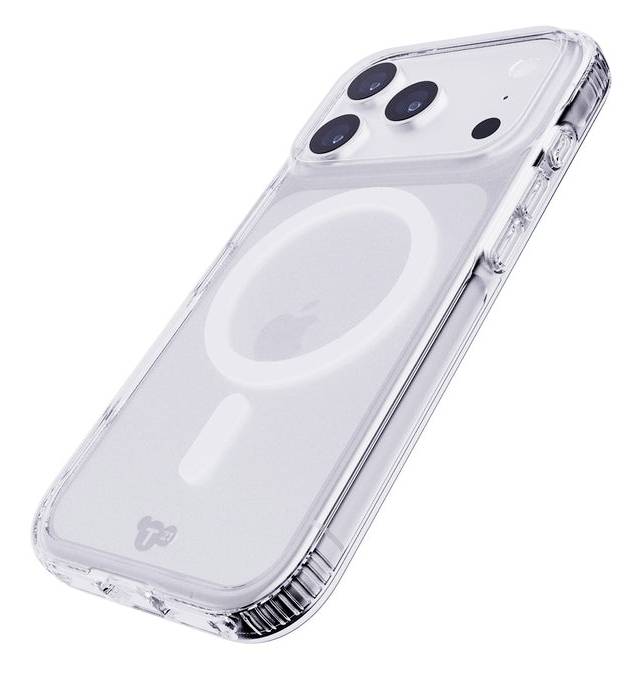 Transparente Schutzhülle für Smartphones, shown auf der Rückseite eines Telefons, mit MagSafe-Ring und dreifachem Kameraausschnitt.