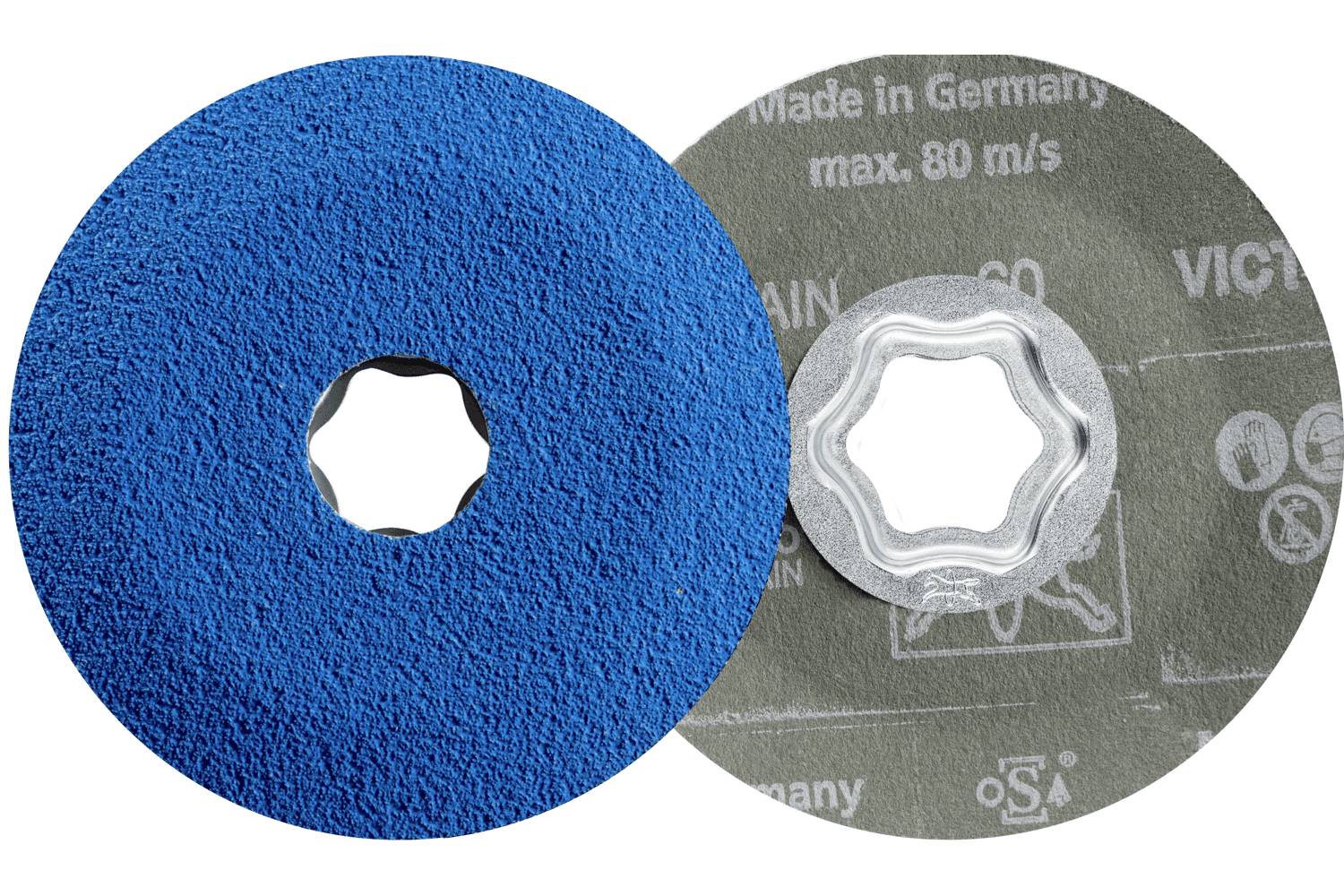 Nahaufnahme einer kreisförmigen Schleifscheibe mit einer Metallmittelbefestigung, mit der Marke „PFERD" und „VICTOGRAIN" gekennzeichnet, beschriftet mit „Made in Germany".