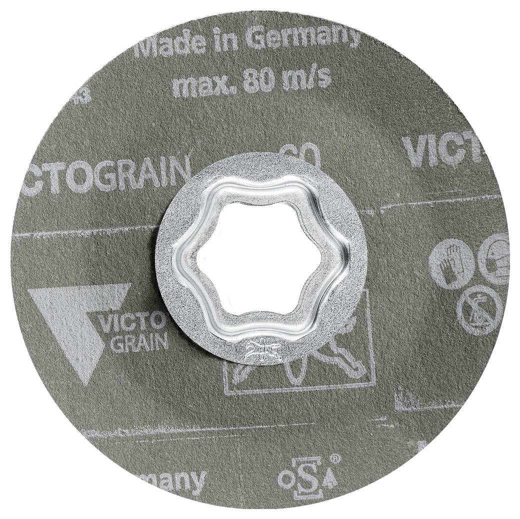 Blaues PFERD Schleifteller mit Fächerschleifer-Beschriftung 75 mm, 3", CO-COOL 60, mit Sicherheitssymbolen und POLIFAN STEEL+INOX Branding.
