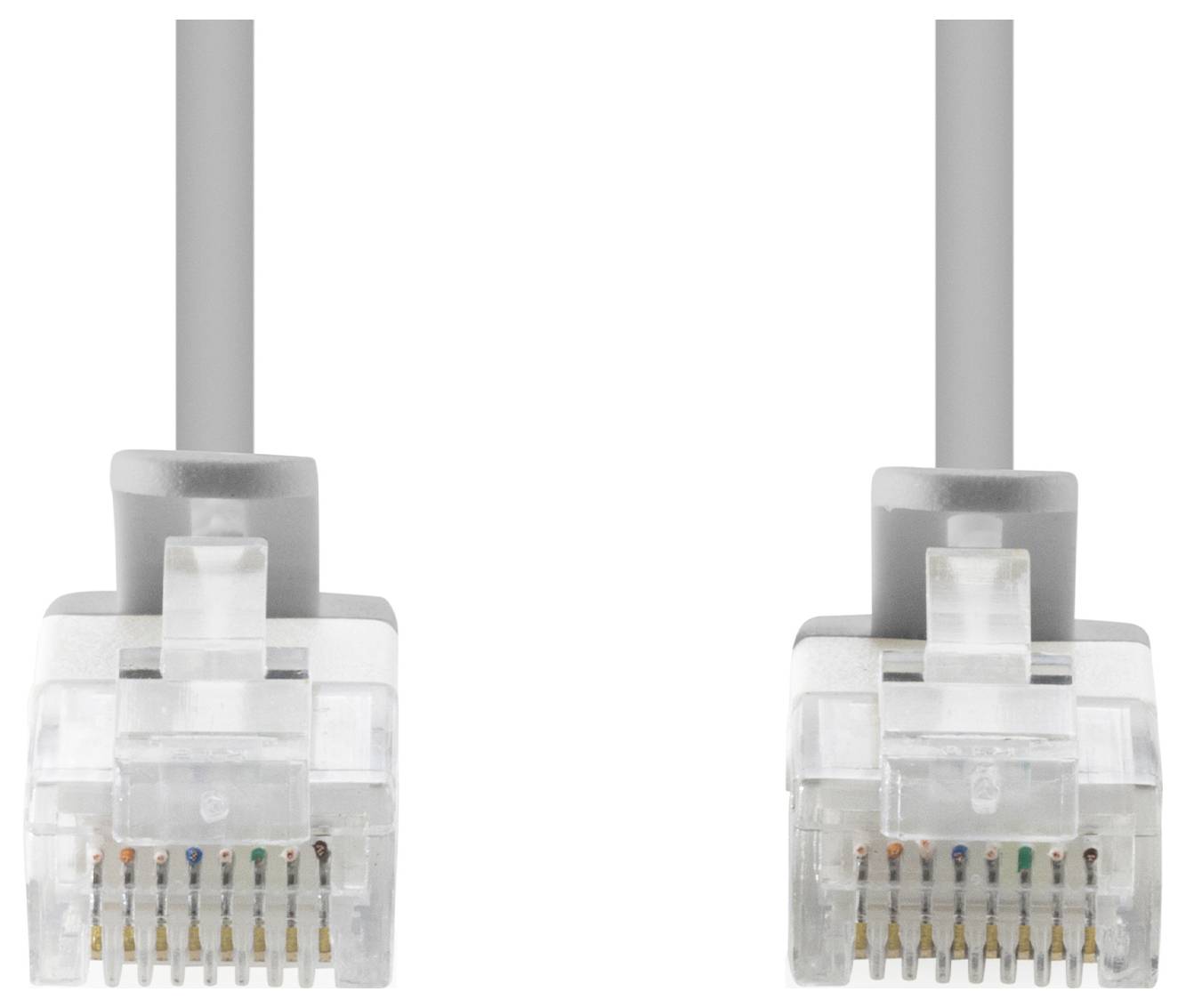 Zwei transparente Ethernet-Stecker werden nebeneinander gezeigt, mit grauen Kabeln und sichtbaren vergoldeten Steckern auf weißem Hintergrund.