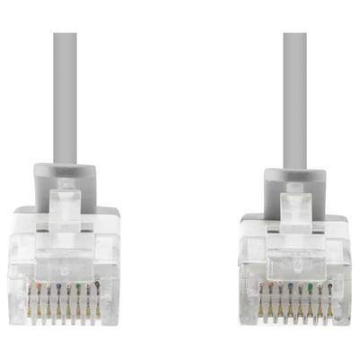 Zwei transparente Ethernet-Stecker werden nebeneinander gezeigt, mit grauen Kabeln und sichtbaren vergoldeten Steckern auf weißem Hintergrund.