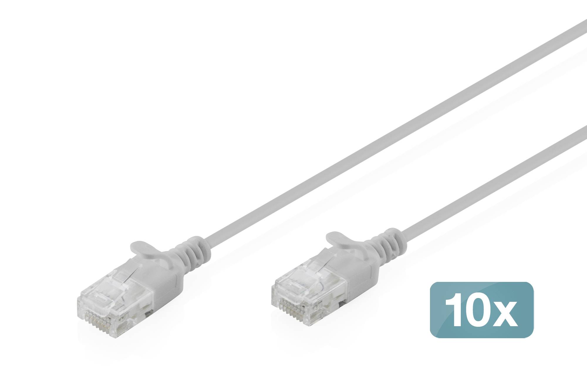 Zwei graue Ethernet-Kabel mit RJ45-Steckern; ein blaugrünes Etikett trägt die Aufschrift „10x", was auf ein Zehner-Pack hinweist.